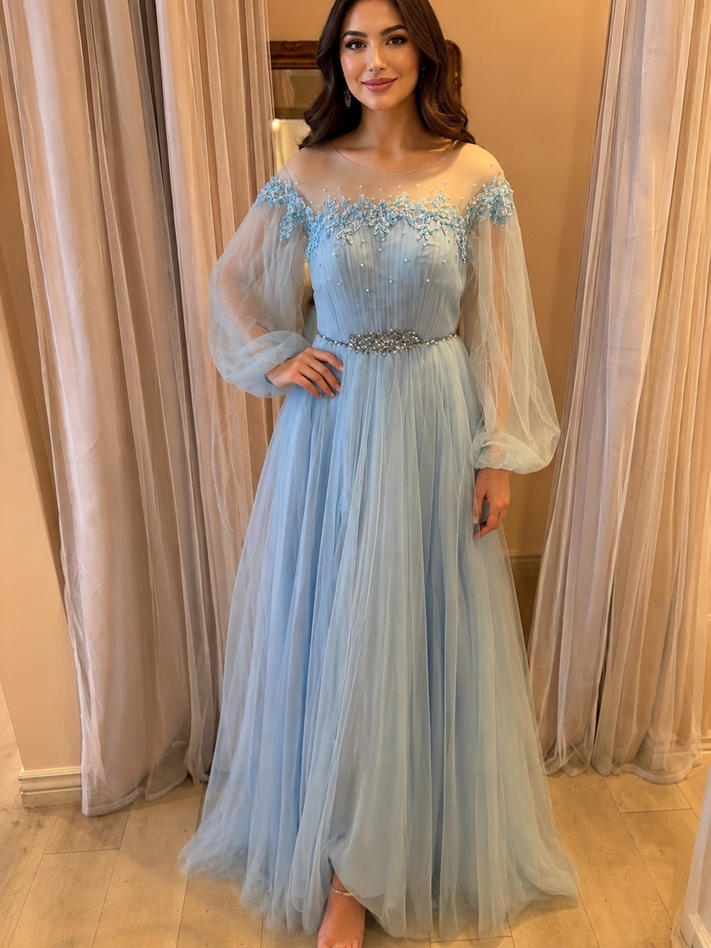 Light Blue Tulle Maxi Dress with Sheer Puff SleevesY2K
